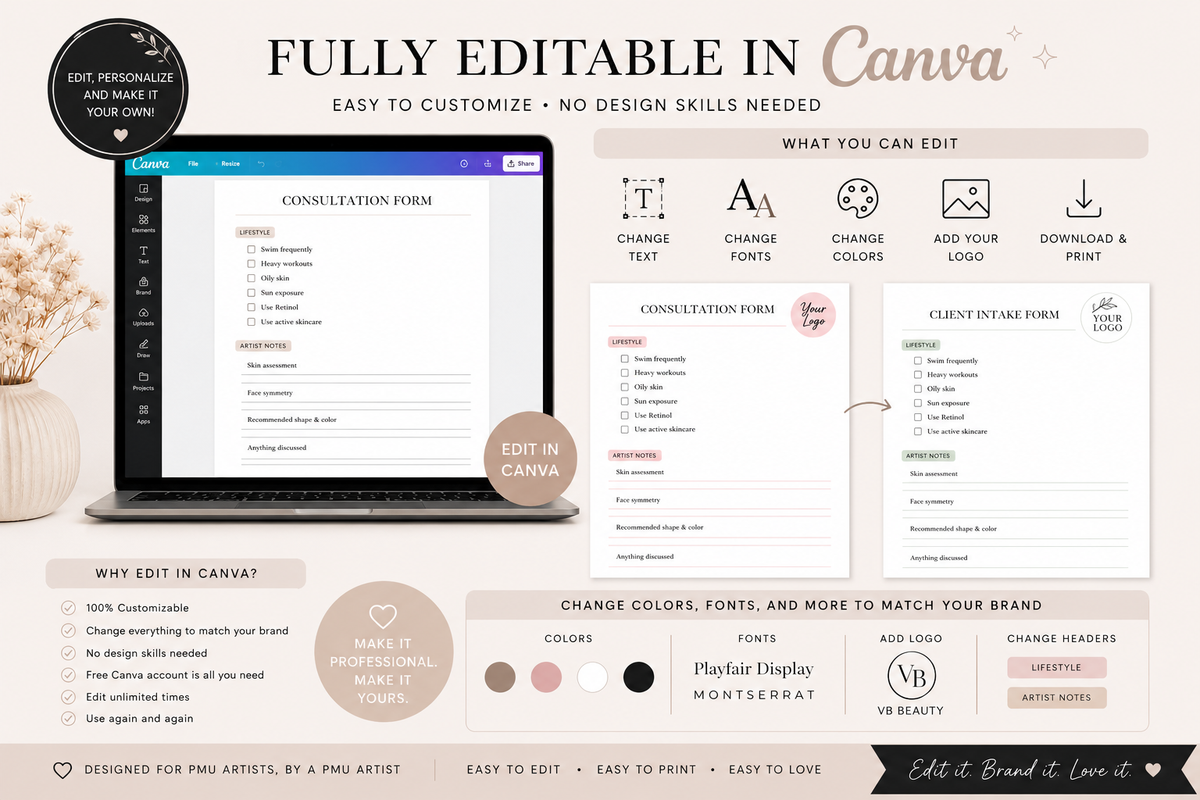 PMU Consent Forms Bundle | Permanent Makeup Client Forms | Canva Editable Templates | Microblading Forms | Beauty Business Documents