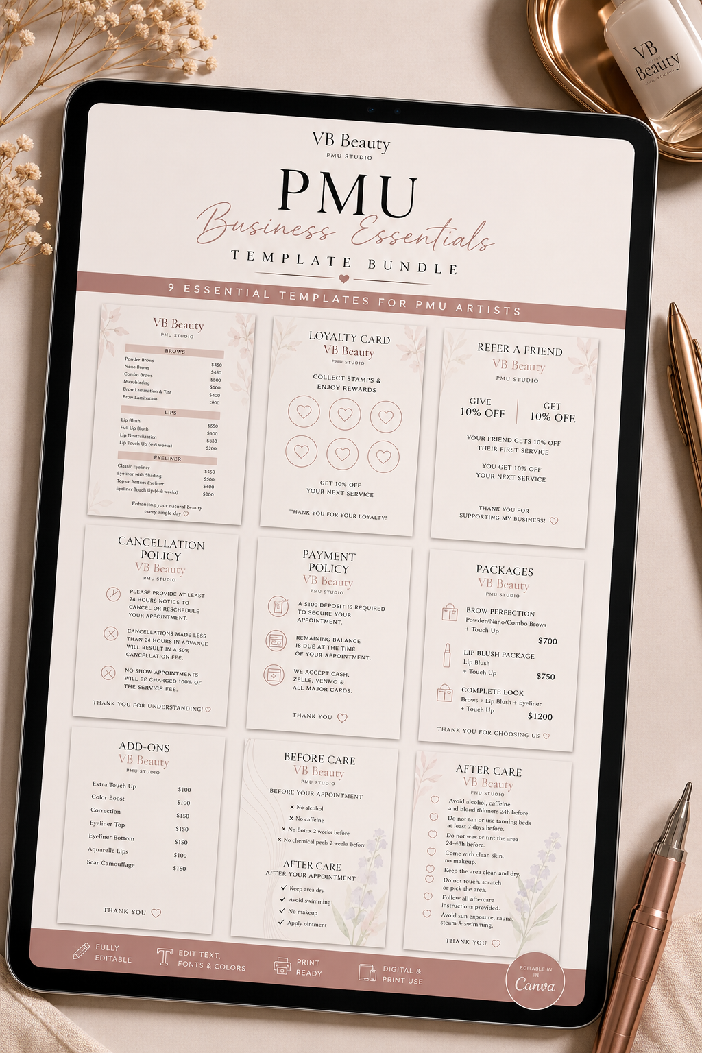 Ultimate Beauty Business Template Bundle for Canva | Price List, Client Guide, Policies & Loyalty Cards